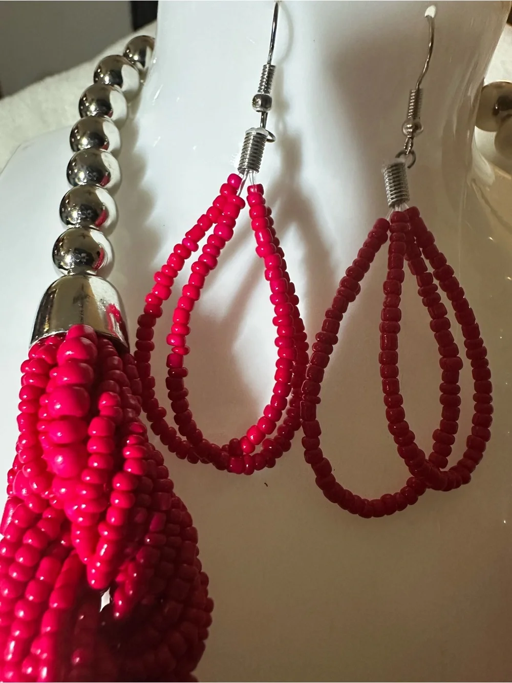 Handcrafted Hot Pink Beaded Necklace & Earrings Set
